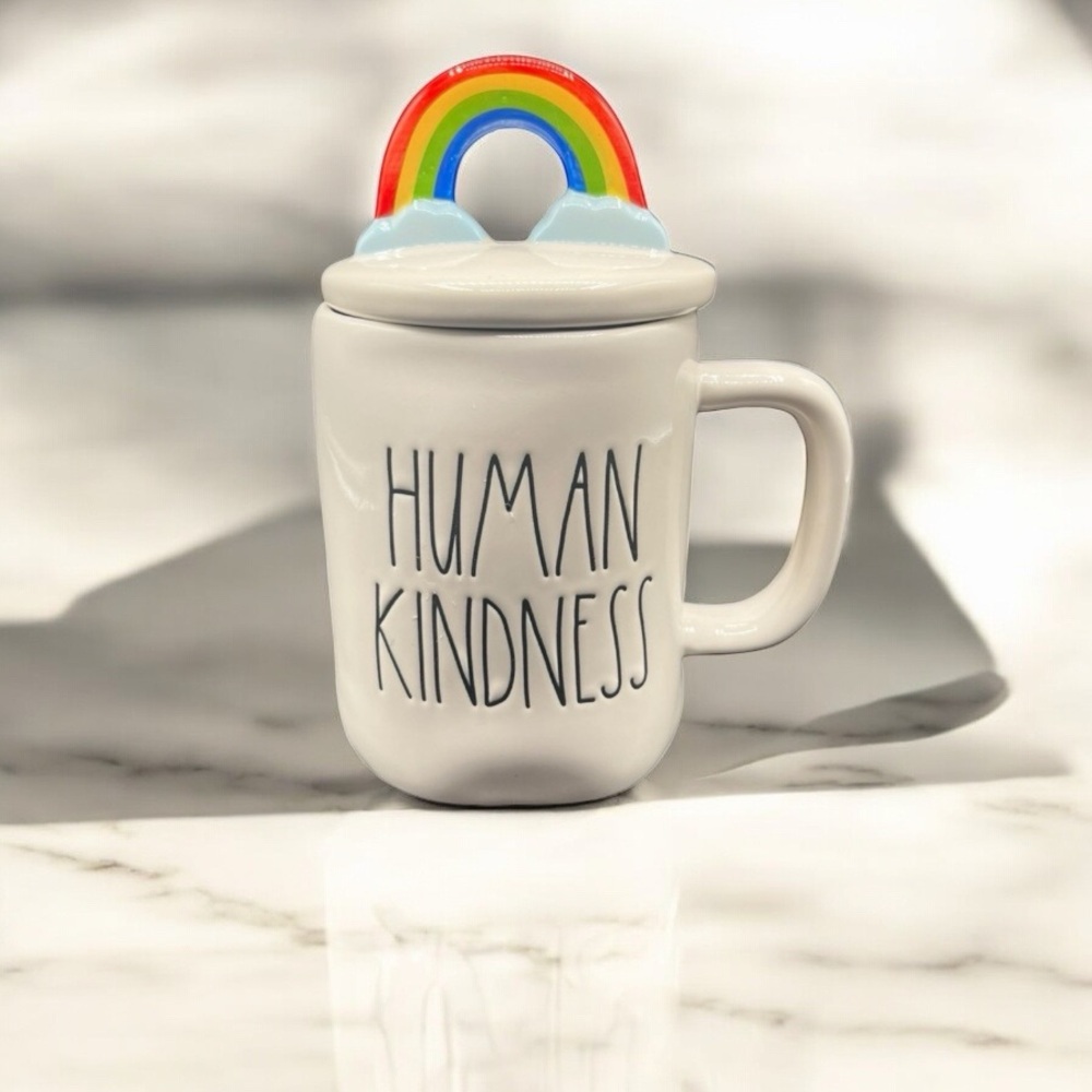 RAE DUNN HUMAN KINDNESS RAINBOW MUG WITH LID